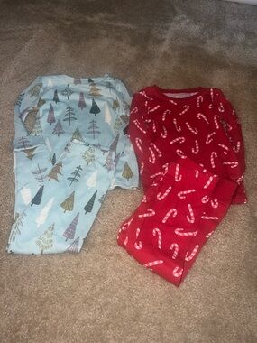 Kids Cotton Holiday Pajama Set - Red Candy Cane & Light Blue Tree Prints